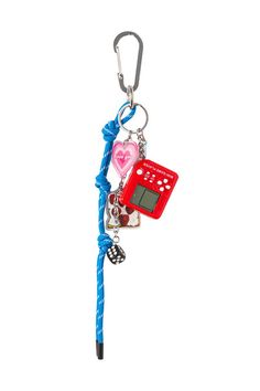 a keychain with a cell phone attached to it's side and a blue rope