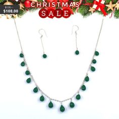 Emerald Gemstone Chain Necklace With Matching Dangler Earrings in Sterling Silver *Gemstone - Emerald *Metal - 925 silver *Length - 18 inches *Drop Size - 10 mm x 8 mm This is a very elegant emerald gemstone necklace in sterling silver. A pair of matching dangler earrings come with this necklace. CUSTOMIZATION: The finish is Available in following finishes: White,Yellow,Rose and Black. *PREPARATION - 1 week *CERTIFICATION - All our diamonds are Certified Genuine. Certificate of Authenticity is p Silver Briolette Jewelry For May Birthstone, Sterling Silver Drop Jewelry With Natural Stones, Silver Drop Emerald Necklace Gift, Drop Necklaces With Matching Earrings For Gift, Drop Necklaces With Matching Earrings As Gift, Gift Drop Necklaces With Matching Earrings, Gift Drop Necklace With Matching Earrings, Sterling Silver Drop Jewelry For May Birthstone, Sterling Silver Green Gemstone Jewelry Sets