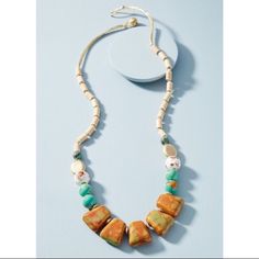 Anthropologie Statement Necklace. Cotton, Glass And Ceramic Beads. Approximately 30” In Length. Small Mark On One Of The Beads. Beach Jewelry: Long Necklace With Large Beads, Large Beads Long Necklace For Beach, Beach-style Long Necklace With Large Beads, Long Beach Necklace With Large Beads, Turquoise Beaded Long Necklace For Beach, Adjustable Beaded Chain Long Necklace For Beach, Adjustable Beaded Long Necklace For Beach, Bohemian Single Strand Necklace For Beach, Anthropologie Jewelry