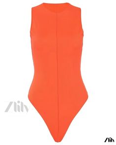 Zlily - Sleeveless Bodycon Jumpsuit with Round Neck, Stylish and Sexy Orange Stretch One-piece Bodysuit, Trendy High Stretch Sleeveless Bodysuit, Trendy Sleeveless Swimming Bodysuit, Trendy High Stretch Sleeveless Swimwear, Sleeveless Orange Bodysuit For Summer, Trendy Fitted Sleeveless Swimwear, Orange Sleeveless Bodysuit For Summer, Fitted Sleeveless Orange Bodysuit, Trendy Sleeveless Solid Bodysuit