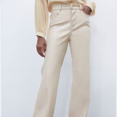 Zara Straight Leg Faux Leather Pants High Waisted Cream White Nwot Elegant Wide Leg Faux Leather Bottoms, Elegant Faux Leather Wide Leg Bottoms, Wide Leg Faux Leather Pants For Office Wear, Chic Faux Leather Straight Leg Bottoms, Trendy Belted Bottoms For Fall, Trendy Bottoms With Belt For Fall, Straight Leg Leather Pants For Office In Spring, Spring Straight Leg Leather Pants For Office, Faux Leather Wide Leg Pants For Work