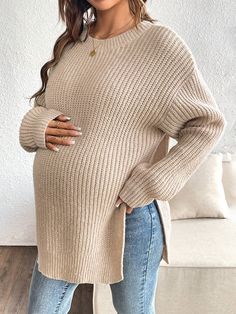 Maternity Casual Round Neck Drop Shoulder Loose Pullover Sweater Khaki Casual  Long Sleeve Knitwear Plain Pullovers Medium Stretch  Maternity Clothing, size features are:Bust: ,Length: ,Sleeve Length: Beige Ribbed Crew Neck Outerwear, Beige Ribbed Long Sleeve Sweater, Beige Long Sleeve Ribbed Sweater, Chunky Knit Long Sleeve Top For Layering, Oversized Long Sleeve Beige Sweater, Oversized Beige Long Sleeve Sweater, Beige Long Sleeve Knit Top, Chunky Knit Long Sleeve Sweater For Layering, Beige Acrylic Crew Neck Sweater