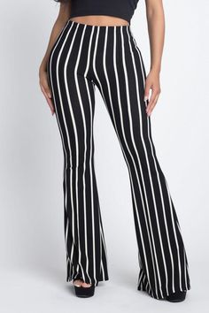 Women's Stripe Flare Pants – BPosh Beauty Bar & Boutique Chic Elastane Pull-on Dress Pants, Non-stretch Wide Leg Pants With Elastic Waistband, Spring Non-stretch Dress Pants With Elastic Waistband, Chic Pull-on Elastane Pants, Spring Stretch Dress Pants With Pull-on Style, Stretch Pull-on Dress Pants For Spring, Chic Wide Leg Leggings With Elastic Waistband, Chic Wide-leg Leggings With Elastic Waistband, Chic Bottoms With Elastic Waistband