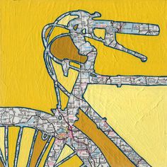 a painting of a person riding a bike on a yellow background with words written across it