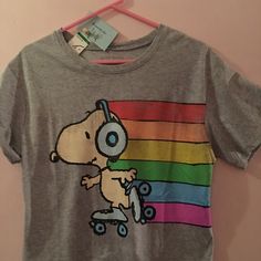 Grey Lovetribe Ss T-Shirt, Junior L, Nwt, Cropped With Snoopy Listening To Music Feeling Free/Good Wherever Wants To Go Under Rainbow - His/Her/Their Choice Casual Rainbow Print Short Sleeve T-shirt, Casual Short Sleeve T-shirt With Rainbow Print, Fun Rainbow Print Short Sleeve Top, Casual Rainbow Relaxed Fit Top, Playful Rainbow Print Crew Neck Top, Fun Rainbow Print Tops, Playful Rainbow Print Top, Playful Crew Neck Top With Rainbow Print, Playful Cotton Tops With Rainbow Print