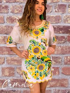 Mexican Mini Dress Sunflower Mexican Accessories, Mexican Boutique, Mexican Quinceanera Dresses, Mexican Wedding Dress, Mexican Blouse, Color Embroidery, Dress With Shawl, Mexican Dresses, Party Celebration