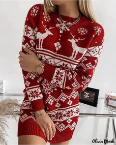 Olivia Mark - Elegant Christmas Fair Isle Pattern Knit Sweater Dress Xmas Dress, Christmas Sweater Dress, Snowflake Sweater, Sleeves Clothing, Sweater Dress Women, Straight Dress, Jacquard Knit, Knit Sweater Dress, Casual Party