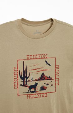 Experience the intersection of desert graphics and a tailored fit with the Prescott Tailored T-Shirt from Brixton. Crafted with a clean, minimal aesthetic and made from high-gauge knit cotton, this versatile tee offers year-round comfort whether worn alone or layered.   	Crew neckline 	Short sleeves 	Minimal shrinkage 	Front screen print 	Tailored fit 	100% High-gauge ring-spun cotton Desert Tee Shirt, Tshirts Ideas, Cattle Brands, Cool Shirt Designs, Merch Design, Country Stuff, Blake Shelton, Minimal Aesthetic, 80s Retro