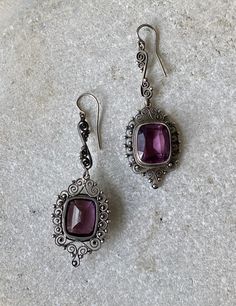 Beautiful Art Nouveau Italian Peruzzi Silver Filigree Facated Amethyst Vintage Antique Earrings Earhooks have are newer they replaced the screw backs thay were singed Peruzzi See pictures next to ruler for scale Ornate Purple Sterling Silver Earrings, Ornate Purple Drop Earrings, Ornate Purple Dangle Earrings, Ornate Purple Pierced Earrings, Artisan Purple Drop Earrings, Ornate Purple Jewelry With Matching Earrings, Purple Earrings With Intricate Design As Gift, Purple Earrings With Intricate Design For Gift, Vintage Amethyst Purple Earrings