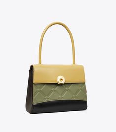 Small Deville Colorblock Patchwork Bag: Women's Designer Satchels | Tory Burch Leather Flap Bag With Round Handle, Leather Flap Bag With Top Carry Handle, Chic Leather Flap Bag With Round Handle, Designer Textured Leather Flap Bag With Top Handle, Designer Textured Leather Top Handle Flap Bag, Retro Leather Shoulder Bag With Detachable Handle, Retro Green Leather Satchel, Green Leather Flap Bag With Top Carry Handle, Leather Rectangular Flap Bag With Handles