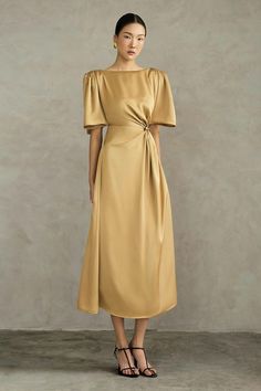 Button Decor, Mean Blvd, Silk Midi Dress, Boat Neckline, Dresses To Wear To A Wedding, Knee Length Dresses, Celebrity Photos, Boat Neck, Evening Wear