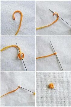 four pictures showing how to make an origami heart with yarn and crochet