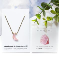 Introducing our enchanting Rose Quartz Moon Necklace, a celestial masterpiece that combines the captivating allure of the moon with the gentle, loving energy of Rose Quartz. Crafted with meticulous attention to detail, this exquisite necklace features a delicate rose quartz crescent moon pendant, suspended gracefully from a dainty chain. The moon's slender curves perfectly complement the soft, soothing hues of the Rose Quartz gemstone nestled at its center. Rose Quartz, known as the stone of unc Feminine Rose Gold Rose Quartz Necklaces, Rose Quartz Pendant Necklace In Rose Gold, Rose Gold Pendant Necklace With Rose Quartz, Dainty Rose Quartz Pendant Jewelry, Rose Gold Crystal Necklaces With Rose Quartz Gemstone, Delicate Rose Quartz Crystal Necklace In Rose Gold, Celestial Rose Gold Necklace With Moon Phase, Rose Gold Celestial Necklace With Moon Phase, Delicate Rose Gold Rose Quartz Crystal Necklace