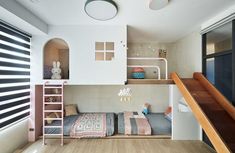 a room with bunk beds and stairs in it