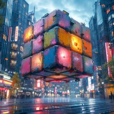 the cubes are floating in the air over the city