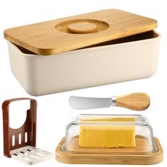 an assortment of kitchen items including butter, cheese and grater