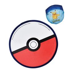 the pokemon poke ball is next to an empty blue and red disc with pikachu on it