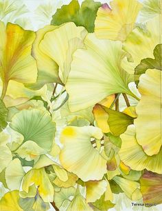 watercolor painting of yellow and green leaves