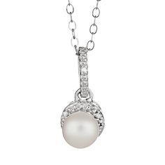 "Elegant essential. Featuring a freshwater cultured pearl and diamond accents, this frame pendant elevates any ensemble. Pair this sterling silver necklace with a new ring for unmatched beauty. Beaded details enhance the round frame and bail. Scrollwork adorns the sides of the pendant. Necklace comes in a gift box. Details: 6-mm cultured pearl .75-in. pendant 18-in. chain Spring-ring clasp Rhodium-plated sterling silver Image(s) may be enlarged to show detail. Diamond weights are approximate. Di Elegant White Gold Birthstone Jewelry, Elegant Pearl Necklace With Birthstone For Anniversary, Elegant Diamond White Jewelry With Birthstone, Elegant Pearl Jewelry With Birthstone, Diamond Jewelry With Pearl Charm For Anniversary, Elegant Pearl Birthstone Jewelry, Elegant Pearl Birthstone Necklace, Pearl Jewelry With Diamond Accents Round Pendant, Pearl Jewelry With Diamond Accents In Round Pendant