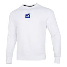 PUMA EMB Logo Sweatshirt 'White' 536773-02 White Cotton Crew Neck Sweatshirt, White Winter Sports T-shirt, White Crew Sweatshirt With Ribbed Cuffs, White Winter T-shirt For Sports, Classic White Crew Neck Sweatshirt, White Sports T-shirt With Ribbed Cuffs, White Crew Top With Ribbed Cuffs, White Crew Neck Top With Ribbed Cuffs, White Crew T-shirt With Ribbed Cuffs