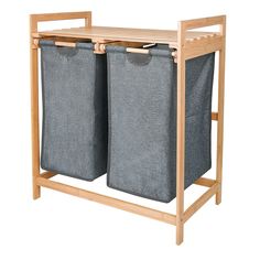 two laundry hampers on a wooden stand with grey fabric bags hanging from the sides