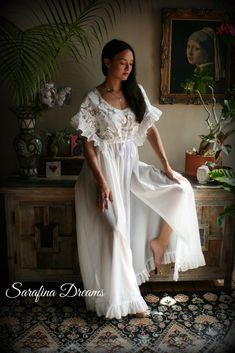 Flowy Nightgown For Wedding Night, White Ruffled Dress For Home, White Lace Patchwork Nightgown For Loungewear, White Nightgown With Lace Patchwork For Loungewear, Lace Dresses With Ruffles For Loungewear, White Lace Sleepwear For Home, Flowy White Nightgown For Loungewear, Cotton Lace Trim Sleepwear For Wedding Night, Lace Ruffled Sleepwear For Bedtime