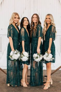 the bridesmaids are wearing green lace dresses