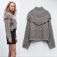 Zara Grey Fringed Knit Sweater Size Large Bloggers Favorite Brand New With Tags Sweater Is Popular Among Fashion Bloggers And Instagram Style Influencers High Collar Long Sleeve Sweater. Fringes And Pompom Detail. Rib Trim. Gray 3859/001 Outer Shell 90% Acrylic 6% Polyester 4% Polyamide Agii.012122.00 0129.0215 None 0329.0625.0714.0827 Chunky Turtleneck Fringe Style Influencers, Chunky Turtleneck, Knit Shrug, Elegant Sweater, Oversized Turtleneck Sweater, Ribbed Turtleneck Sweater, Black Knit Sweater, Instagram Style, High Neck Sweater