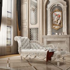 an ornately decorated living room with white furniture