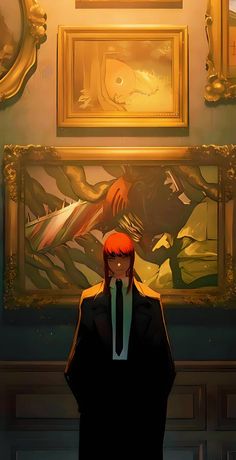 a person standing in front of a painting with an orange hair wearing a suit and tie