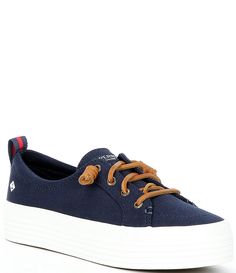 From Sperry&#x2C; the Women's Crest Vibe Triple Platform Sneakers feature:Lightweight and breathable canvas upperPlatform constructionLace-up closure with genuine rawhide laces & barrel ties for easy on & offMemory foam insole for all-day comfortFlexible non-marking rubber outsole with original razor-cut Wave-Siping  provides ultimate tractionImported. Navy Casual Sneakers For Outdoor Activities, Sporty Navy Cotton Sneakers, Sperry Women's, Platform Sneakers, Dillard's, Sperrys, Barrel, Latest Trends, Lace Up