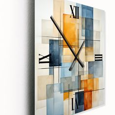 an abstract painting on the wall with a clock in it's center and two hands