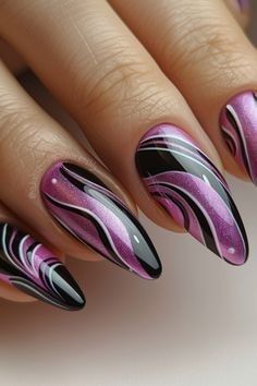 Lined Nails, Brat Nails, Black Nail Ideas, Daily Nail Art, Red Nail Art Designs, Purple Glitter Nails, Nail Design Video, Art Deco Nails, Elegant Nail Art