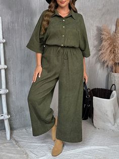 Plus Size Half-Button Loose Jumpsuit Army Green Casual  Long Sleeve Woven Fabric Plain Other Non-Stretch  Women Plus Clothing, size features are:Bust: ,Length: ,Sleeve Length: Sage Green Plus Size Outfits, Plus Size Safari Outfit, Green Plus Size Outfits, Safari Outfit Women, 90s Kids Fashion, Safari Outfit, Combi Short, Loose Jumpsuit, Hijabi Style