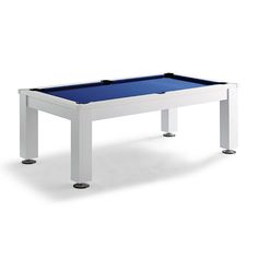 a white pool table with blue cloth on the top and two black balls at the bottom