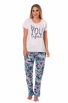 td {border: 1px solid #ccc;}br {mso-data-placement:same-cell;} All women are beautiful, but only you are YOUtiful. Our "Youtiful" set comes with a super soft top and floral pants that fit perfectly, and a t-shirt that will give you the nicest look. Fabric: 65% Polyester-35% Cotton We pride ourselves in our fashion-forward designs and trend-adjusted collections, so you can too! Cotton Stretch Sleepwear For Pajama Party, Cotton Graphic Print Sleepwear For Pajama Party, Comfy White Cotton Sleepwear, Cotton Sleepwear With Graphic Print For Lounging, Cotton Graphic Print Sleepwear For Loungewear, Spring Cotton Sleepwear With Letter Print, Casual Stretch Sleepwear With Letter Print, Cotton Sleepwear With Graphic Print, Relaxed Fit, Cotton Sleepwear With Graphic Print And Relaxed Fit