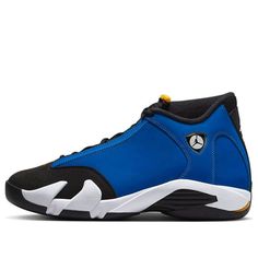 Air Jordan 14 Retro 'Hyper Royal' 487471-104 - KICKS CREW Perfect Sneakers, Jumpman Logo, Marina Blue, Yellow Accents, University Blue, Perforated Leather, School Colors, Stylish Sneakers, Nike Air Jordan