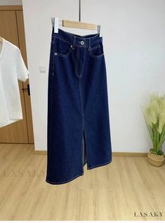 Lasaky - Vintage Denim Midi Skirt with Slit, Loose Fit and Hip-Length Coverage Denim Midi Skirt, Types Of Skirts, Olivia Mark, Hip Length, A Line Skirt, Vintage Denim, A Line Skirts, Midi Skirt, Dark Blue