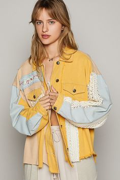 POL Oversized Crochet and Embroidery Jacket in Ginkgo Yellow Jacket POL Clothing Oversized Spring Outerwear With Patches, Oversized Patched Outerwear For Spring, Oversized Outerwear With Patches For Spring, Oversized Outerwear With Patches For Fall, Oversized Embroidered Cotton Outerwear, Oversized Cotton Outerwear With Patches, Yellow Cotton Outerwear With Patchwork, Yellow Cotton Patchwork Outerwear, Oversized Patchwork Button-up Outerwear