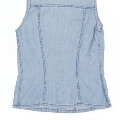 Item is in good used condition. >Size: L >Armpit To Armpit: 17" >Armpit To Cuff: N/A" >Collar To Hem: 24" Spring Medium Wash Denim Vest, Blue Denim Vest, Casual Medium Wash Sleeveless Top, Casual Sleeveless Medium Wash Top, Casual Blue Denim Vest Top, Blue Denim Vest Top For Summer, Medium Wash Sleeveless Tank Top For Spring, Casual Sleeveless Denim Vest Top, Casual Sleeveless Denim Tank Top