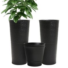 two black vases with a plant in them on a white background, one is empty and the other has a potted plant