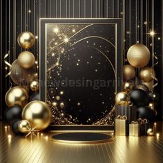 an elegant black and gold christmas card with golden balls, gifts and presents on the floor