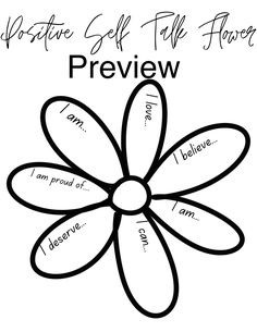 Positive self talk flower Elementary Counseling Lessons, Positive Self Talk Worksheet, Positive Self Talk Activities, Positive Psychology Activities, Self Love Flower, Counseling Crafts, Group Therapy Activities, Mental Health Activities, Social Emotional Activities