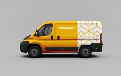 an orange and white van with the word merchant on it's side, against a gray background