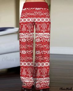 Olivia Mark - Floral Snowflake Print Christmas Wide Leg Pants Stripe Fashion, Leg Yoga, Pattern Pants, Wide Leg Yoga Pants, Ripped Pants, Bell Pants, Snowflake Print, Suspender Pants, Belted Shorts