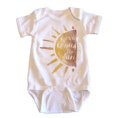 Here Comes The Sun - onesie Summer Printed Short Sleeve Bodysuit, Summer White Short Sleeve Bodysuit, Summer Vacation Cotton Onesie, Cute Short Sleeve Onesie For Summer, Fitted Printed Onesie For Summer, Yellow Short Sleeve Bodysuit For Spring, Spring Yellow Short Sleeve Bodysuit, Spring Beach Onesie With Short Sleeves, Printed Onesie For Beach In Summer