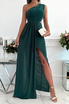 Fashionable hollow out diagonal collar sleeveless evening dress Dress Sleeve Styles, Sleeveless Long Dress, Split Maxi Dress, Pink Maxi Dress, Waist Dress, Green Dress, Dresses For Sale, Dress Length, A Line Dress