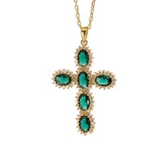 Passion Diamond & Green Jade Stone Cross Pendant Necklace - Green Elegant Clavicle Chain Jewelry With Cross Pendant, Elegant Clavicle Chain With Cross Pendant Jewelry, Elegant Clavicle Chain With Cross Pendant, Elegant Necklace With Clavicle Chain And Cross Pendant, Elegant Green Gold Plated Necklace, Elegant Green Gold-plated Necklace, Fine Jewelry Gemstone Cross Pendant Necklace, Fine Jewelry Cross Pendant Necklace With Gemstone, Luxury Gemstone Cross Jewelry