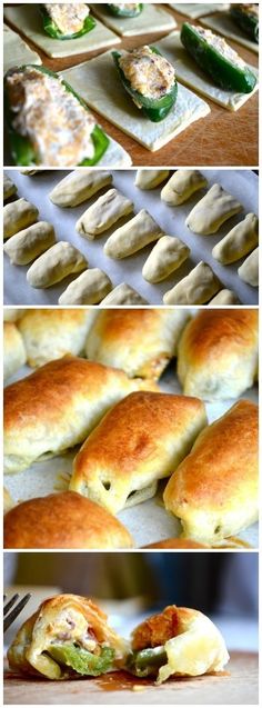 the process of making bread rolls with cheese and green peppers on them is shown in three different pictures