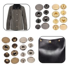 several different types of buttons and jackets on a white background, including one black leather purse